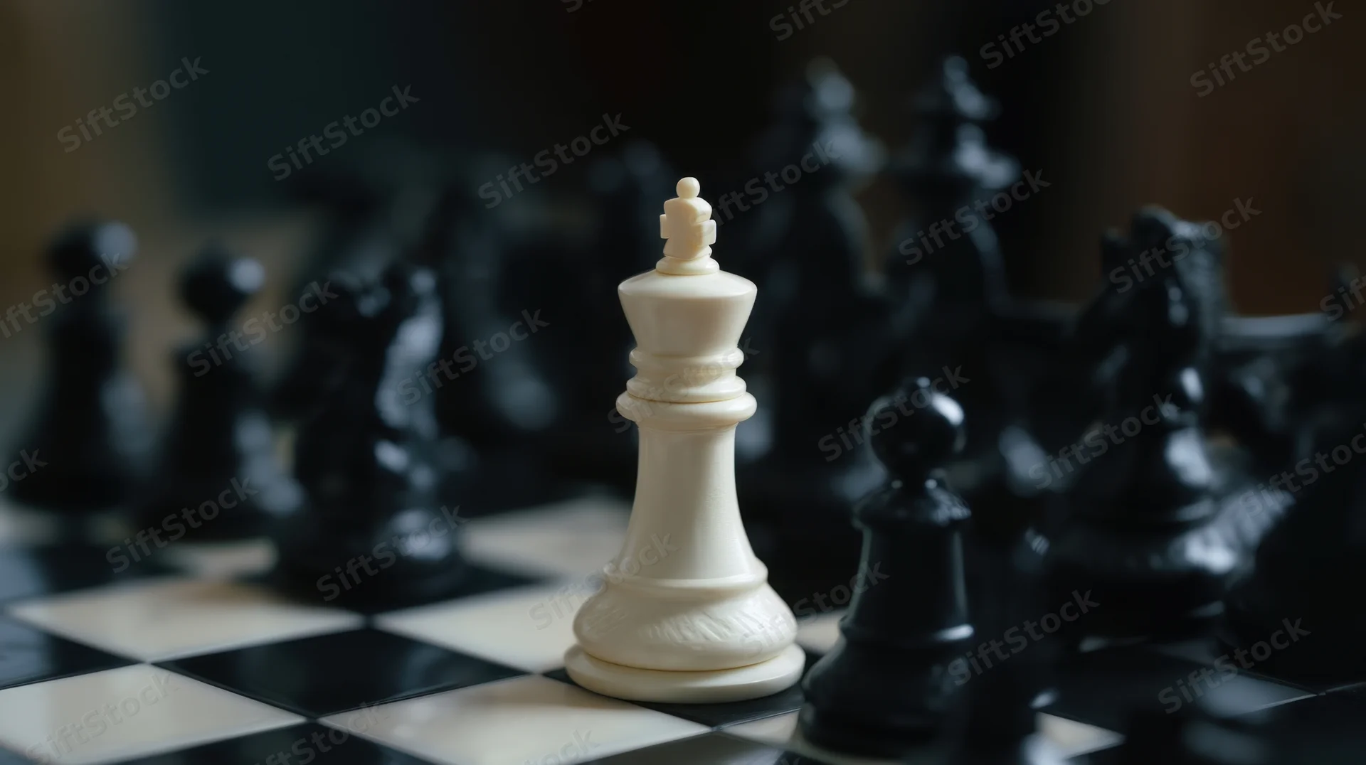 White chess king standing on a checkered board surrounded by black pieces