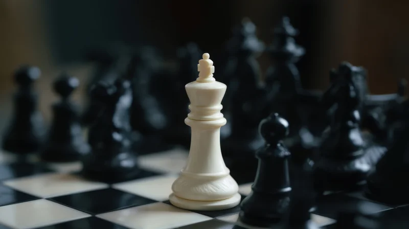 White chess king standing on a checkered board surrounded by black pieces