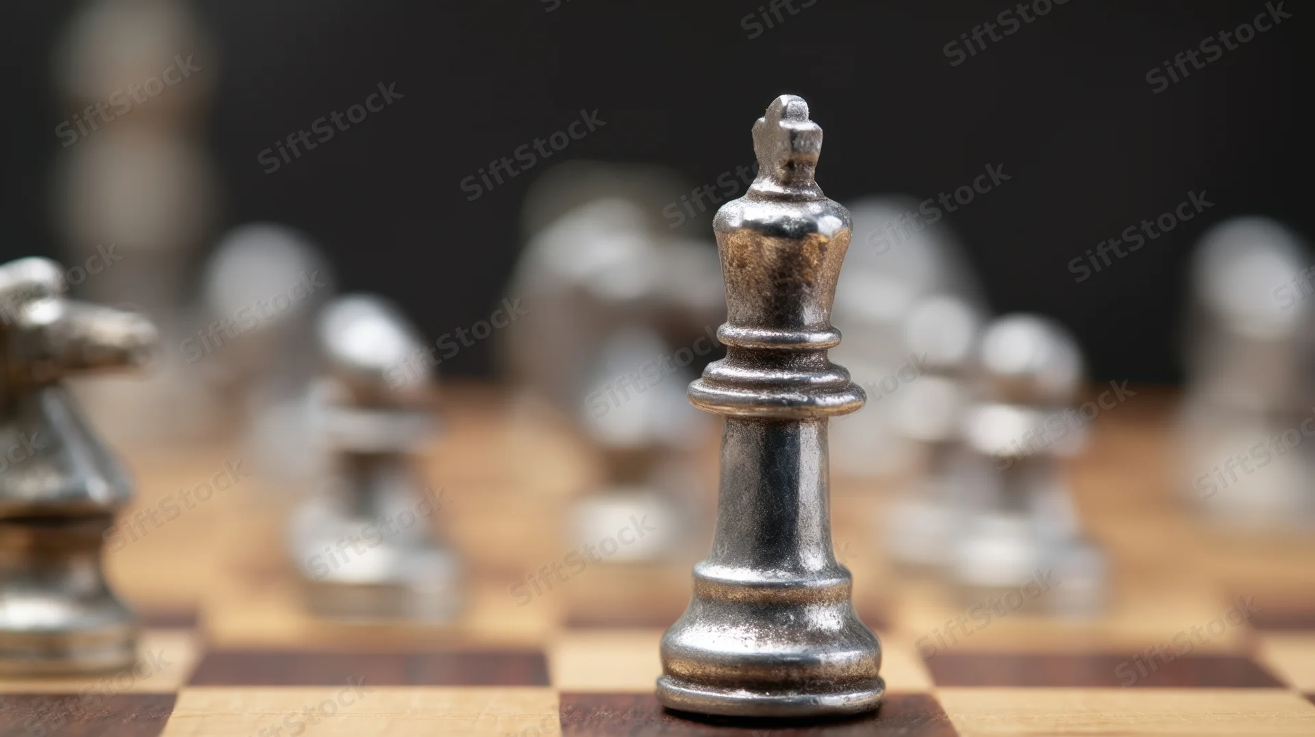 Silver chess king standing on wooden board with blurred pieces in background