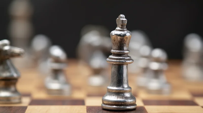 Silver chess king standing on wooden board with blurred pieces in background