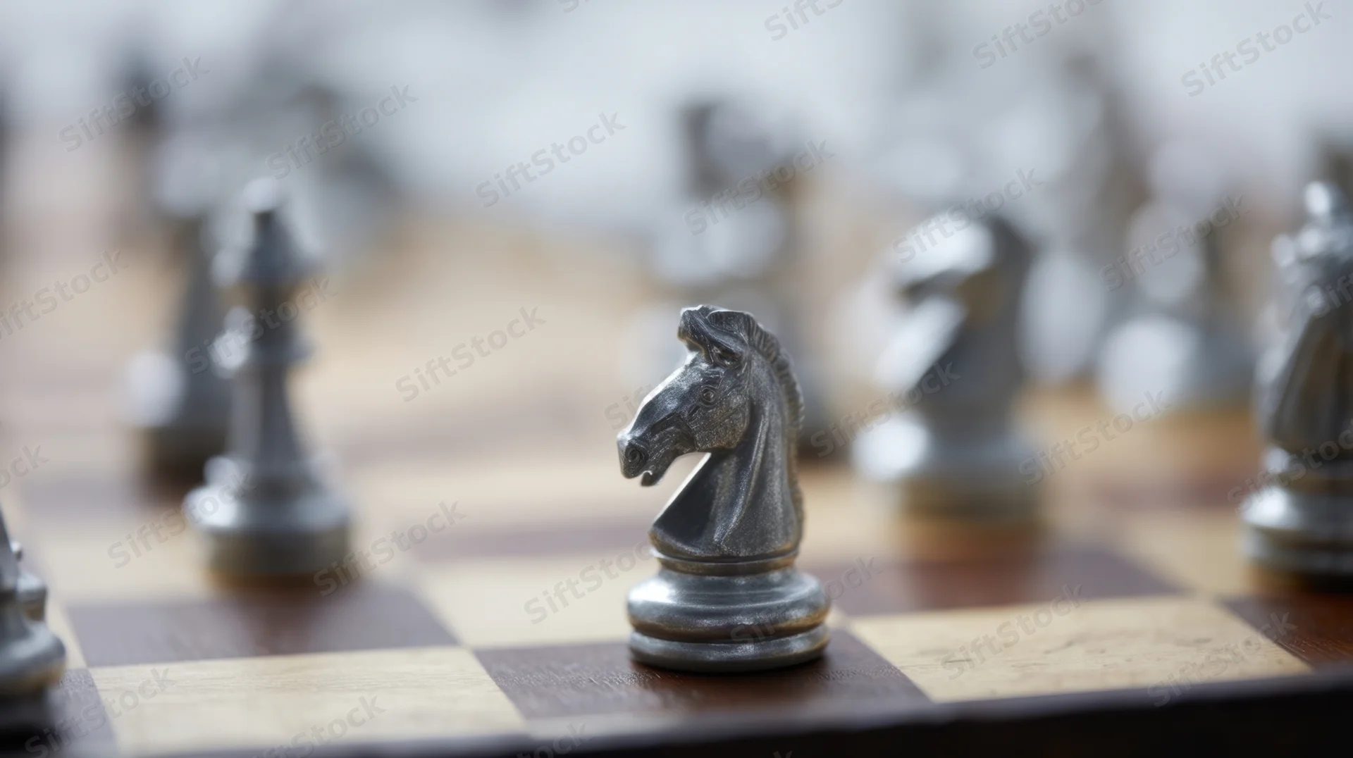 Silver knight chess piece on wooden board with blurred pieces in background