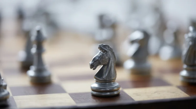 Silver knight chess piece on wooden board with blurred pieces in background