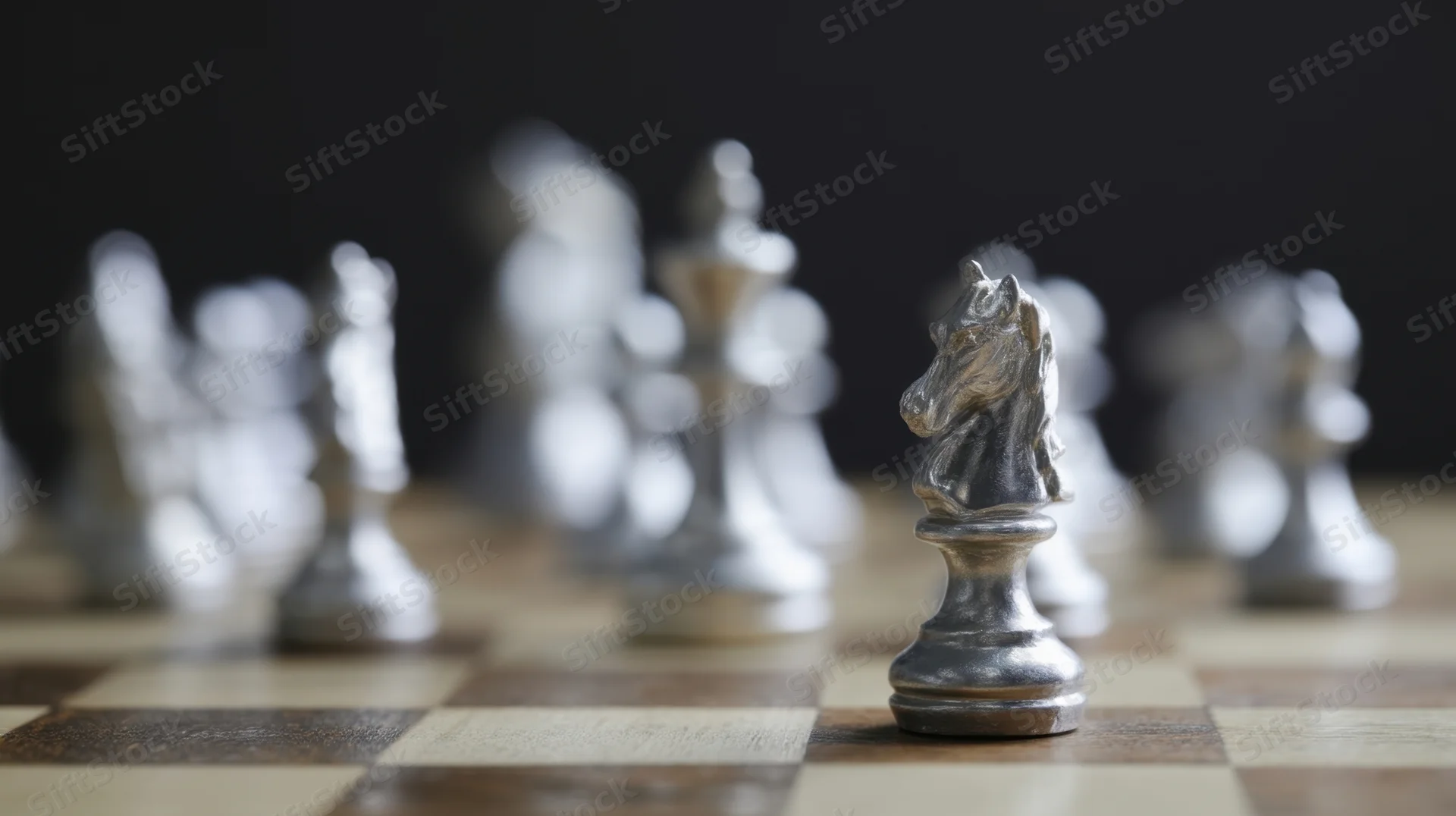 Silver knight chess piece in focus on wooden board with blurred pieces in background
