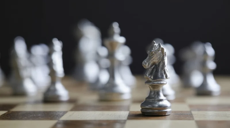 Silver knight chess piece in focus on wooden board with blurred pieces in background