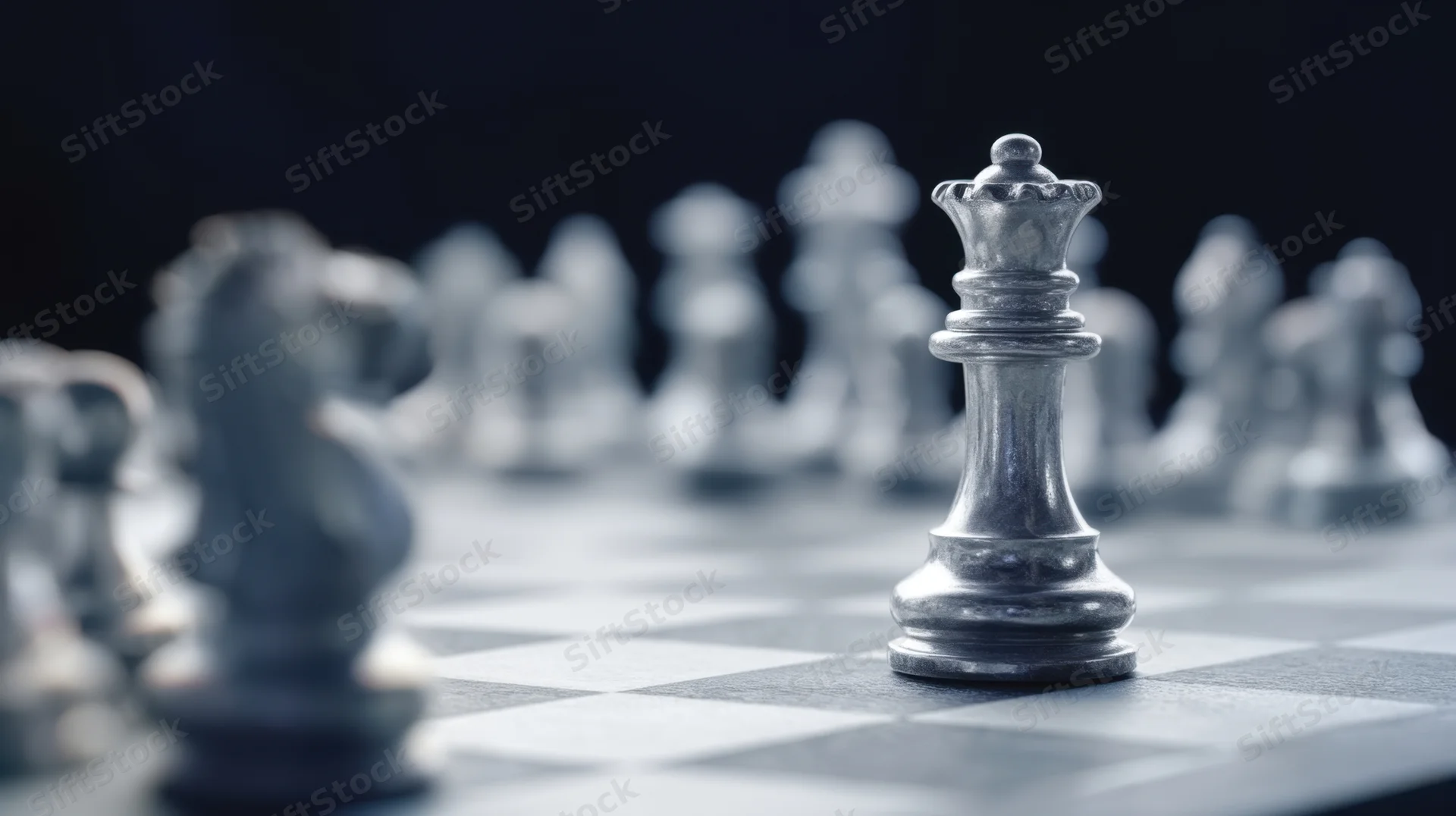 Silver chess king in focus on a dark board with blurred pieces in the background