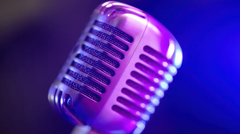 Close-up of a vintage chrome microphone under purple and blue stage lighting