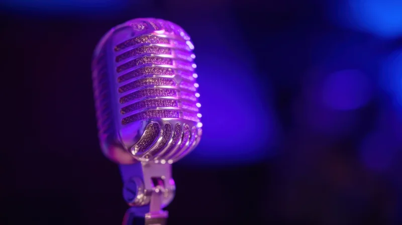 Vintage microphone on stage under purple and blue lighting