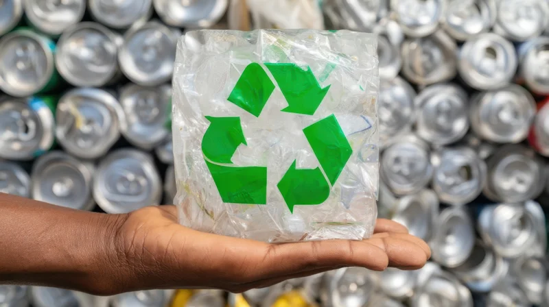 Hand holding a clear plastic block with green recycling symbol over a pile of aluminum cans