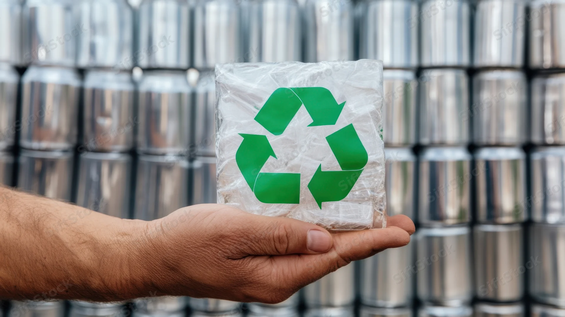 Hand holding a clear plastic block with green recycling symbol in front of stacked aluminum cans