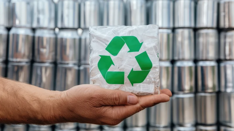 Hand holding a clear plastic block with green recycling symbol in front of stacked aluminum cans