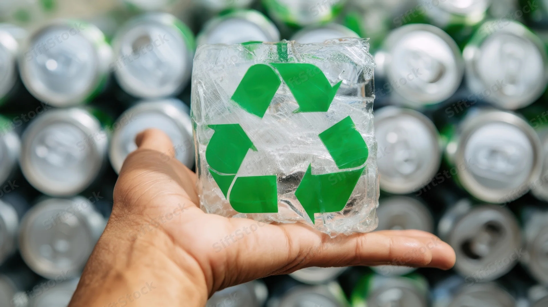 Hand holding a clear plastic block with green recycling symbol over a pile of aluminum cans