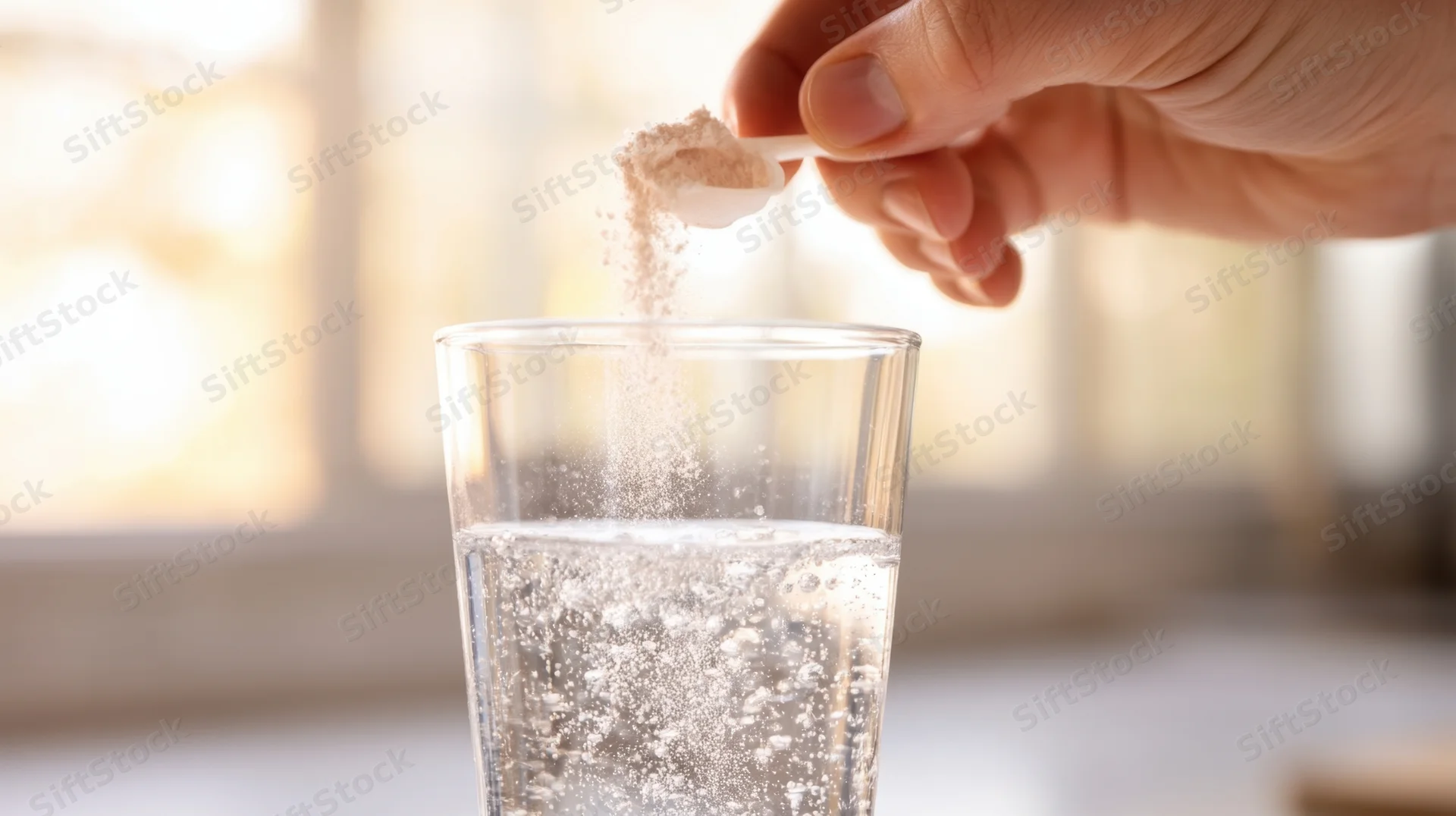 Hand pouring powder into a glass of water with bubbles forming near a window