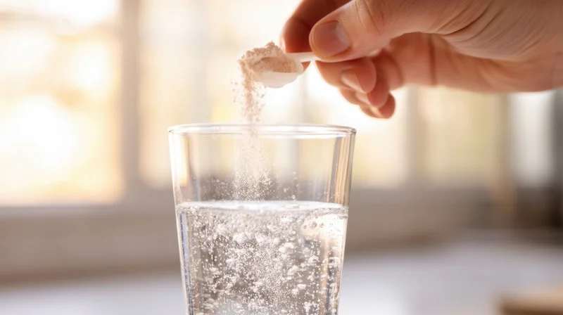 Hand pouring powder into a glass of water with bubbles forming near a window