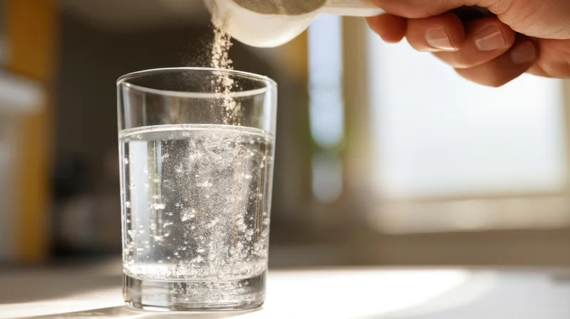 Hand pouring powder into a glass of water on a kitchen countertop