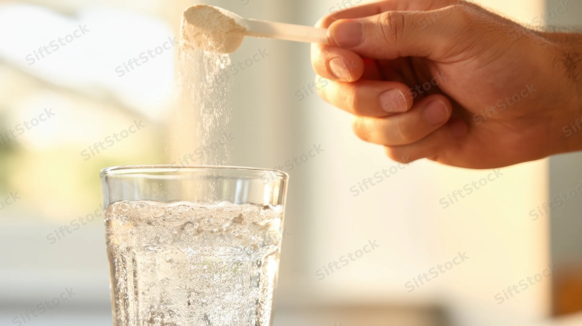 Hand pouring powder into a glass of water on a kitchen counter in daylight