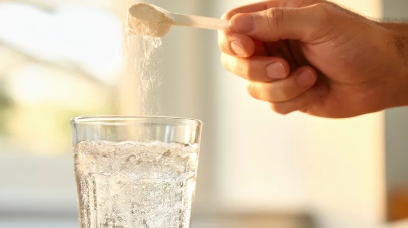 Hand pouring powder into a glass of water on a kitchen counter in daylight