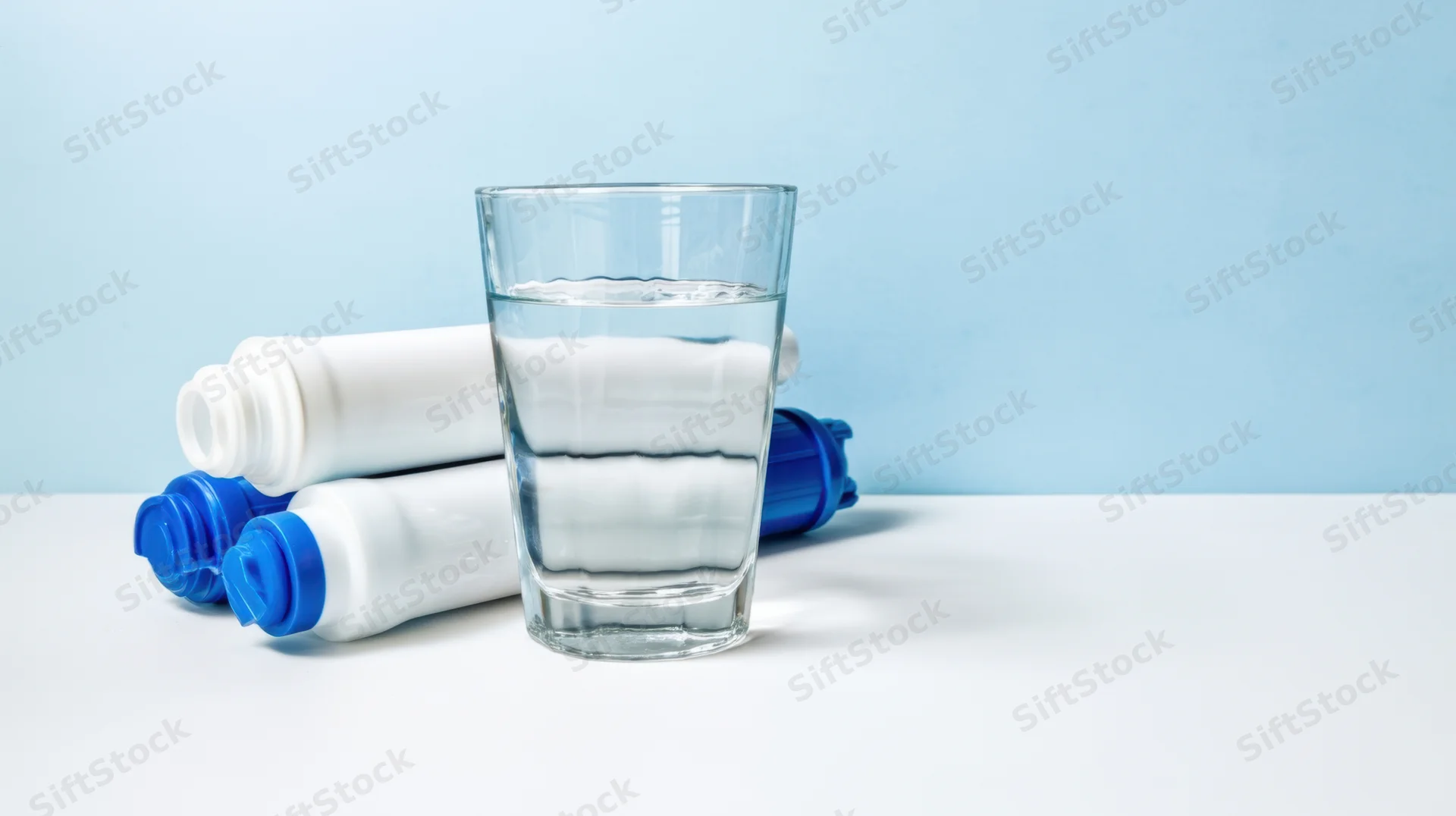 Glass of clear water beside stacked water filter cartridges on a white surface against a blue background