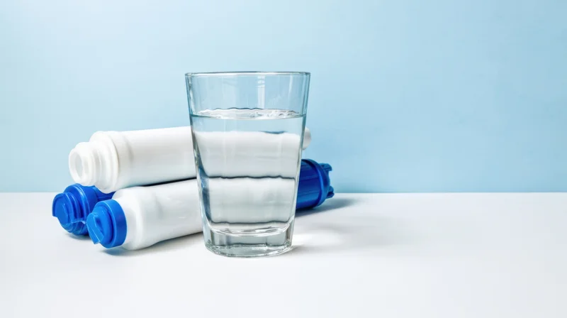 Glass of clear water beside stacked water filter cartridges on a white surface against a blue background