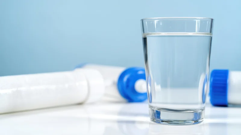 Clear glass of water on a lab surface with test tubes in the background