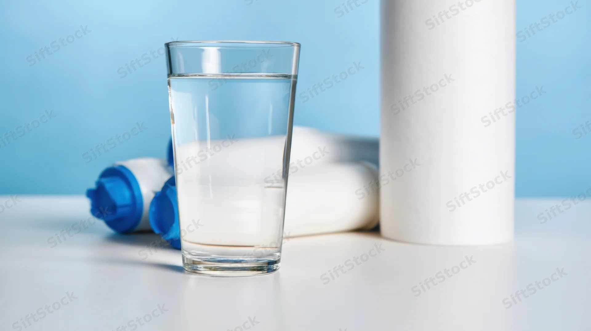 A glass of clear water on a white surface with water filter cartridges nearby