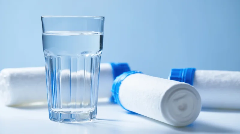 Clear glass of water beside water filter cartridges on a light blue surface