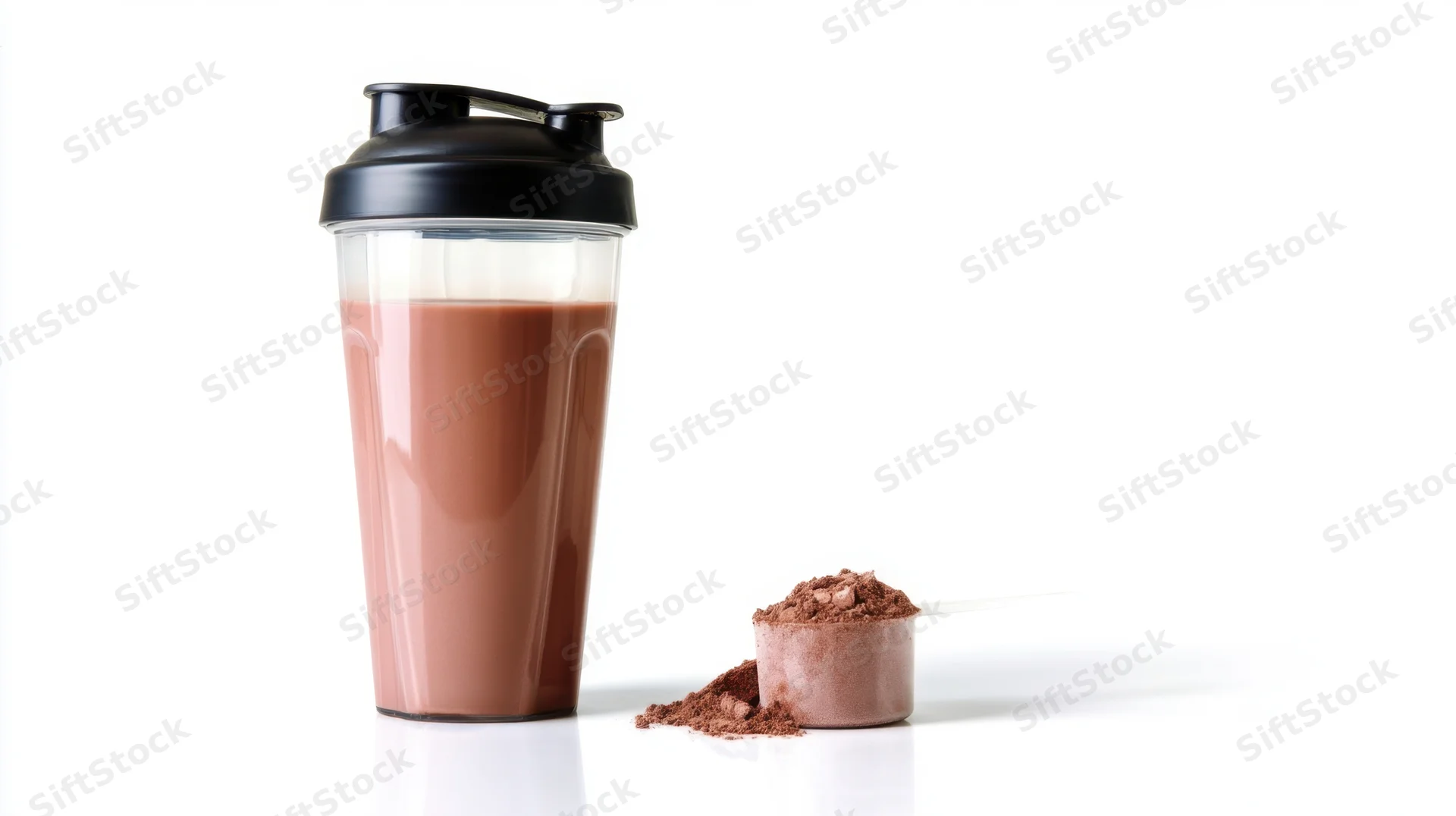 Chocolate protein shake in a transparent shaker bottle with powder scoop on white background