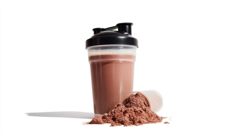 Chocolate protein shake in a shaker bottle with spilled powder on white background