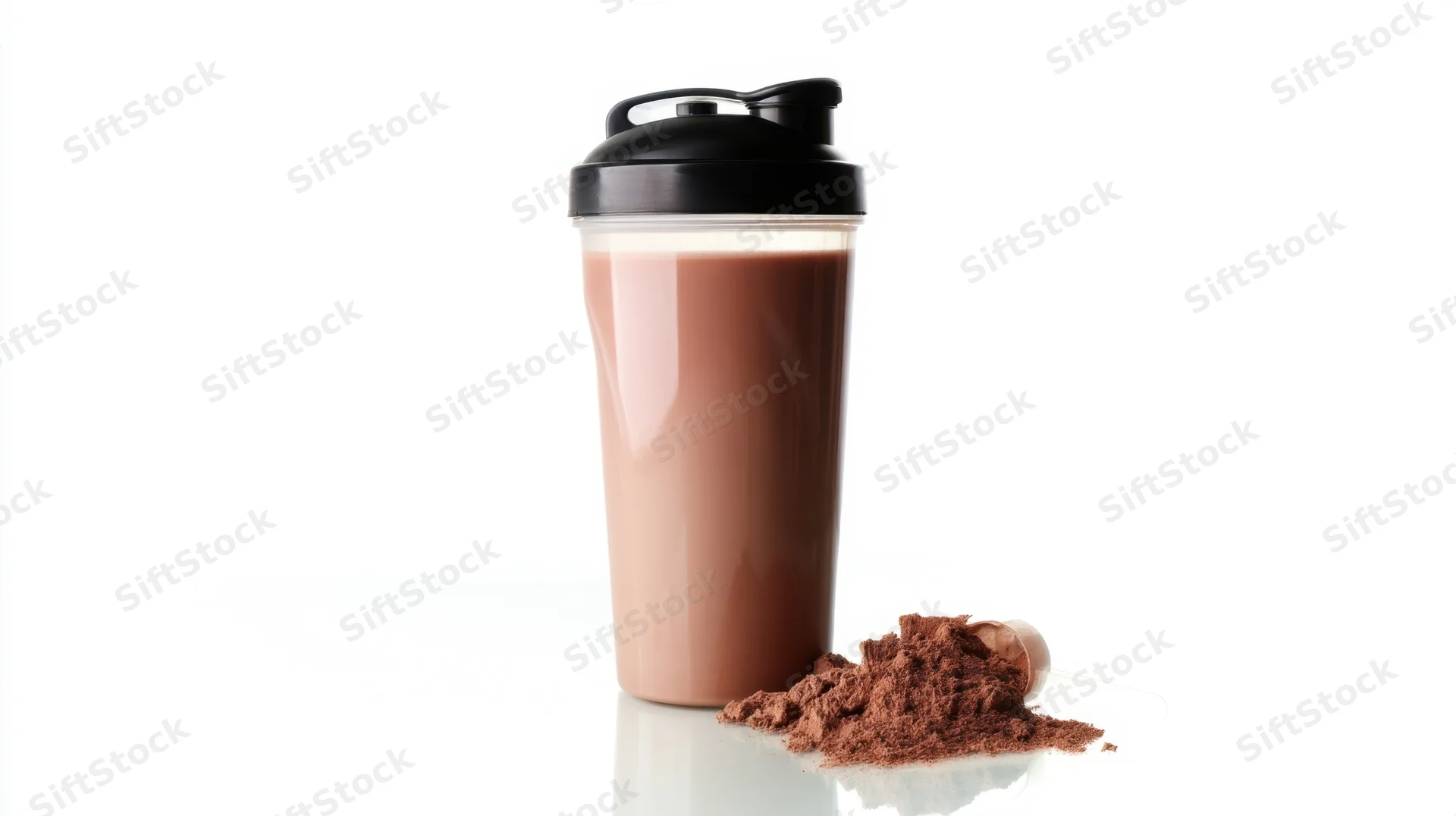 Chocolate protein shake in a transparent shaker bottle with powder scoop on white background