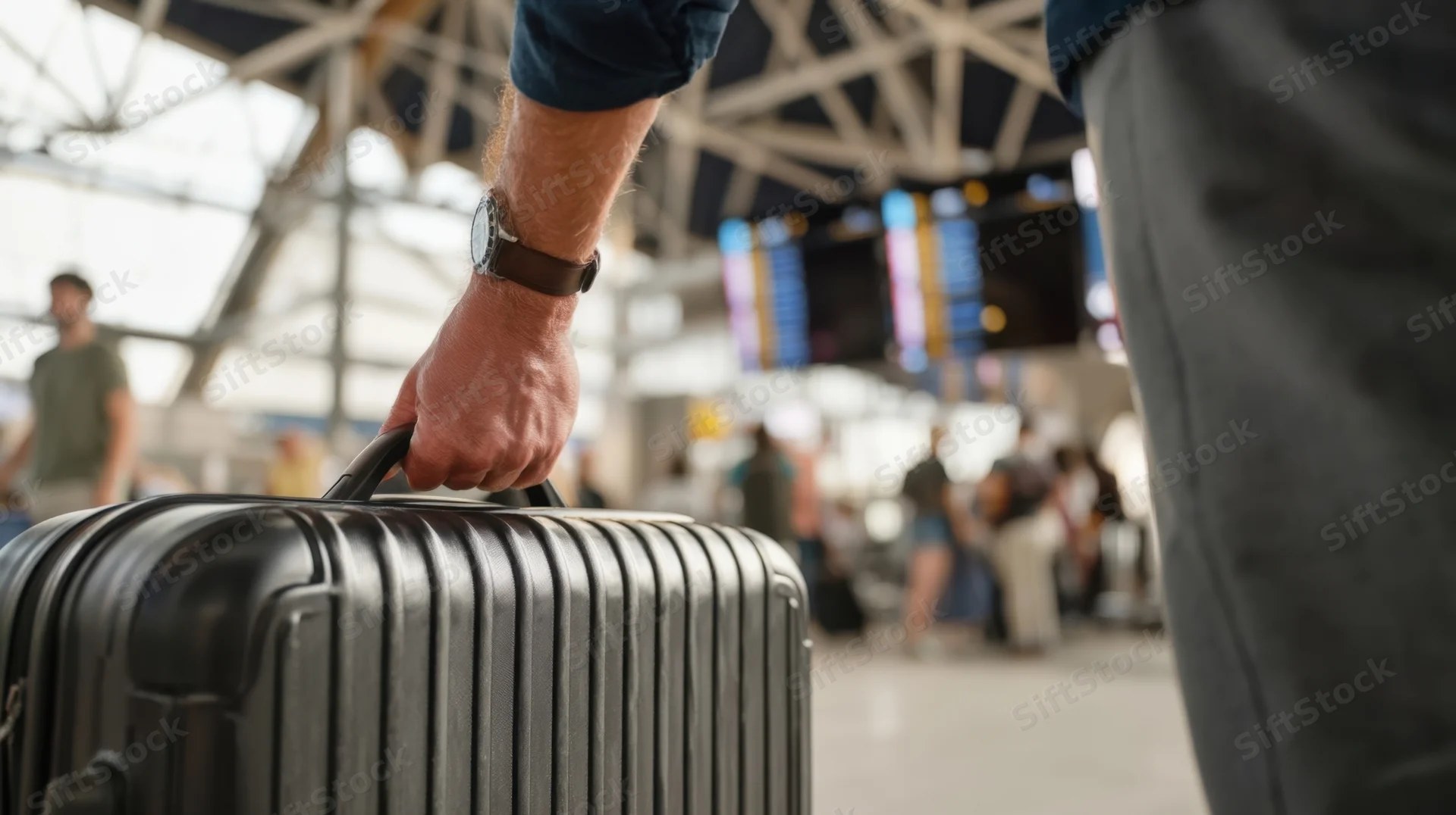 Man’s hand gripping suitcase handle in airport terminal