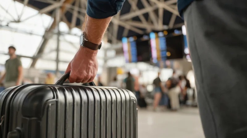 Man’s hand gripping suitcase handle in airport terminal
