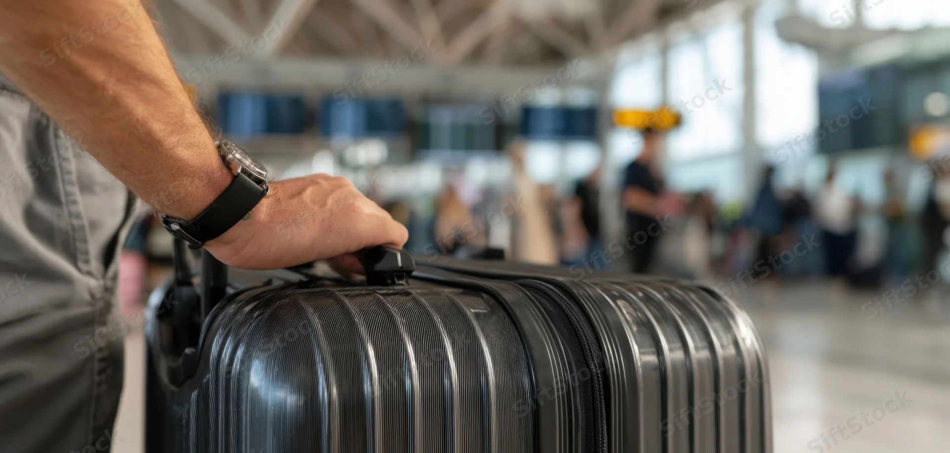 Man gripping suitcase handle in airport terminal