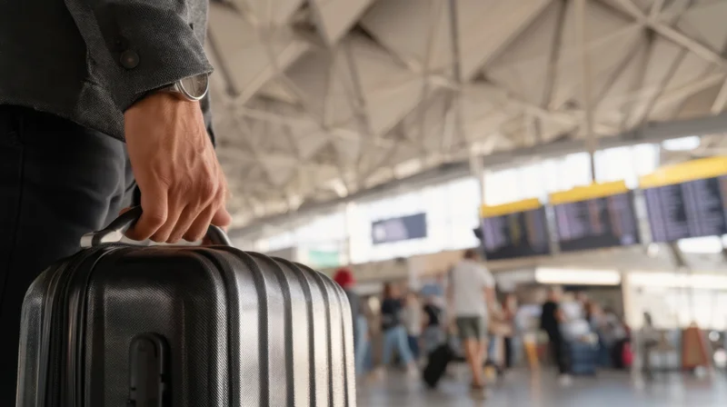 Man holding suitcase in airport terminal with flight information displays in background