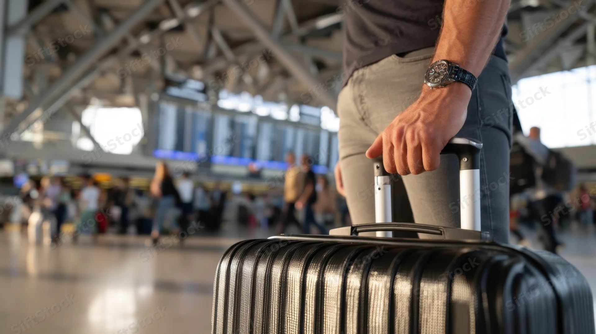 Man gripping suitcase handle in airport terminal with passengers in background