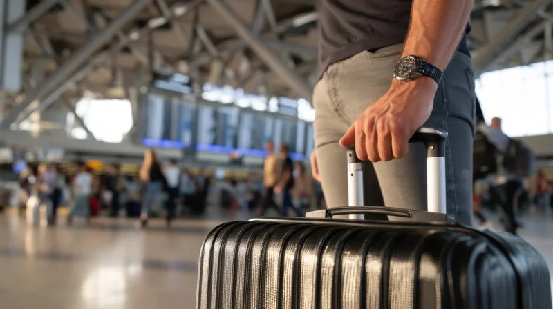 Man gripping suitcase handle in airport terminal with passengers in background