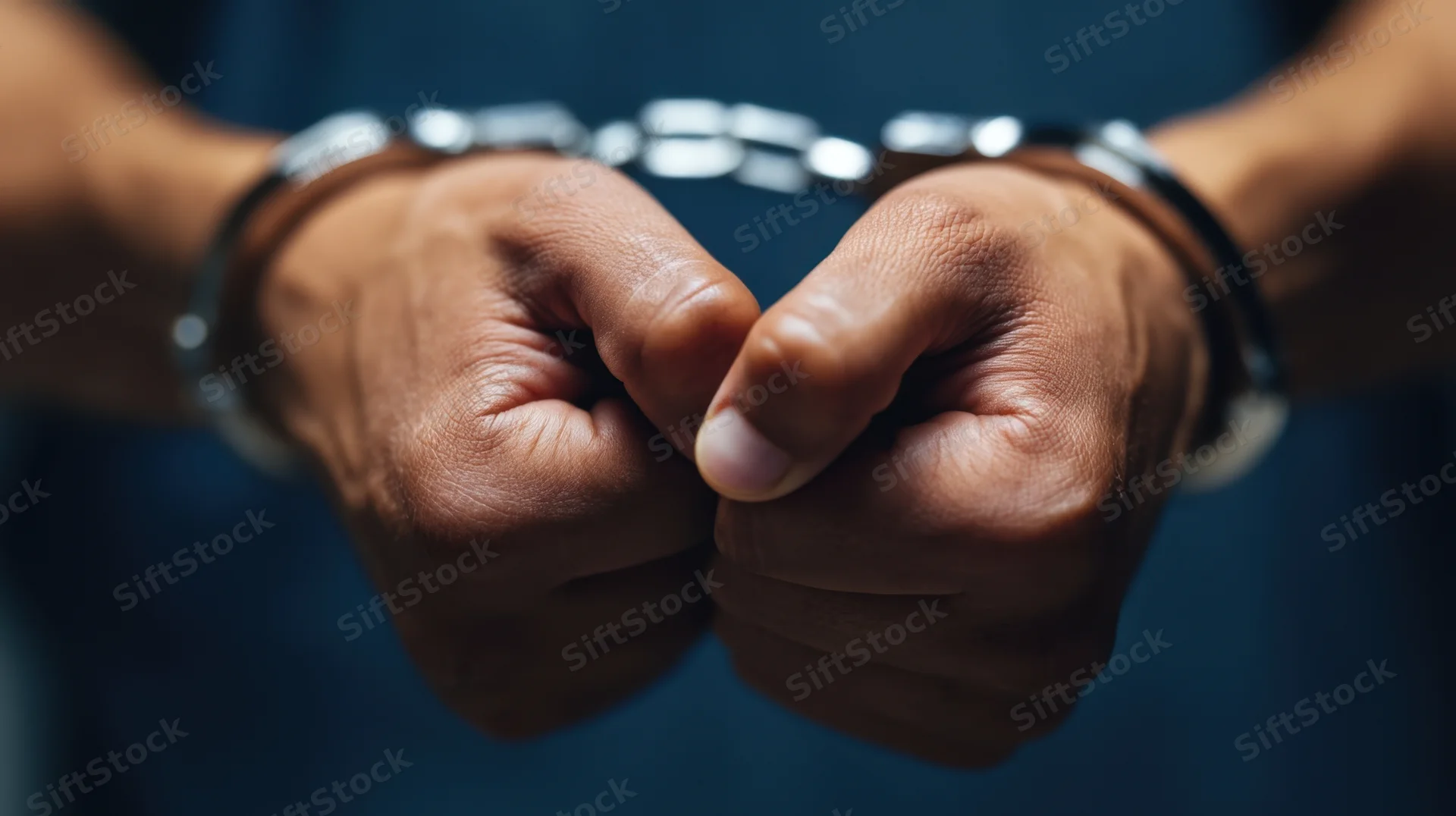 Close-up of handcuffed hands clenched in front of a person wearing a dark blue shirt