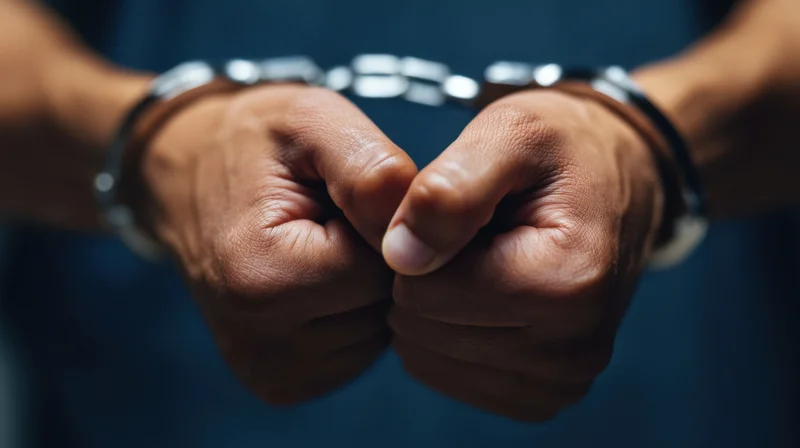 Close-up of handcuffed hands clenched in front of a person wearing a dark blue shirt