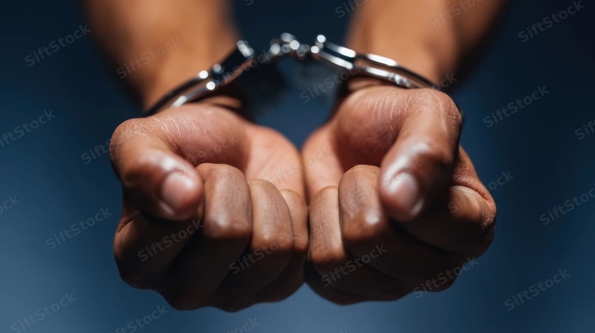 Close-up of clenched hands in metal handcuffs against a dark blue background