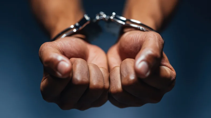Close-up of clenched hands in metal handcuffs against a dark blue background