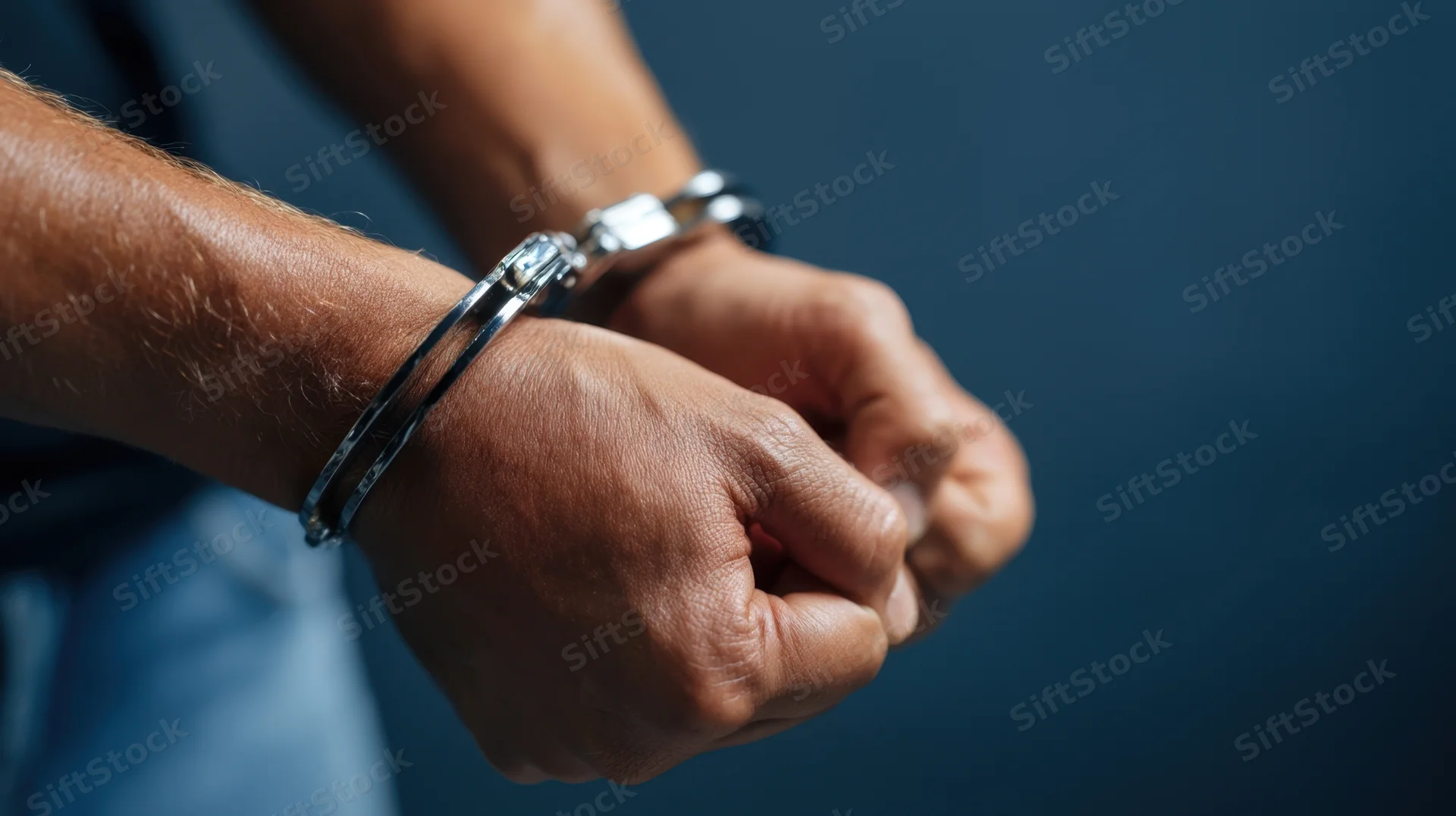 Close-up of a man's hands in handcuffs, clenched in front of him against a blue background