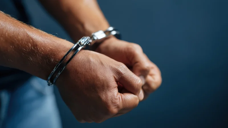 Close-up of a man's hands in handcuffs, clenched in front of him against a blue background
