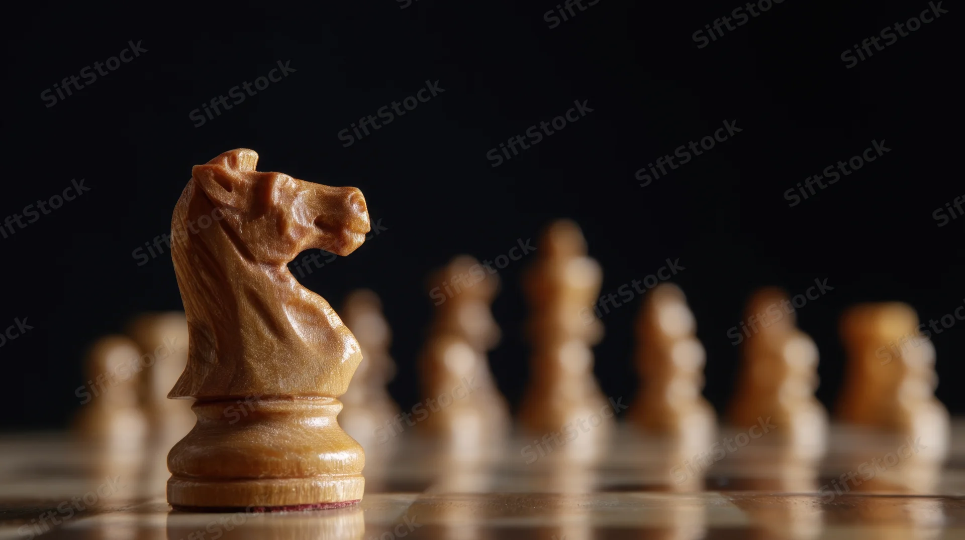 Close-up of a wooden chess knight in focus on a chessboard with blurred pieces in the background