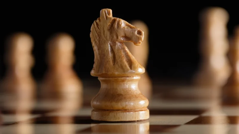Wooden chess knight in focus on a checkered board with blurred pieces in the background