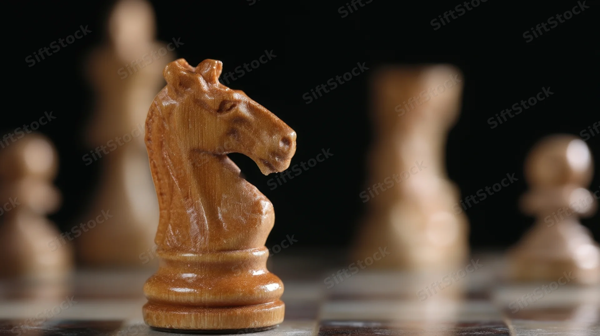 Wooden knight chess piece in focus on a checkered board with blurred pieces in background