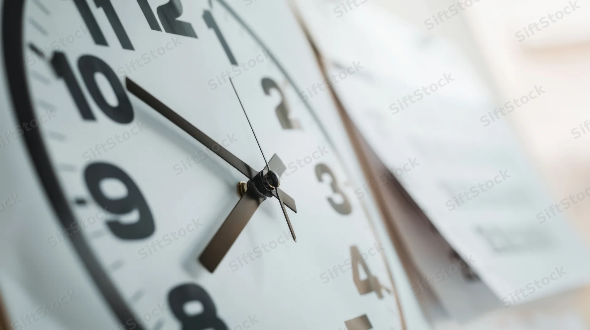 Close-up of an analog clock face showing time with blurred documents in the background