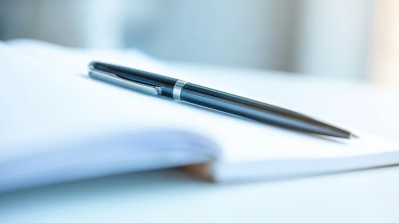 Black pen resting on open notebook on desk