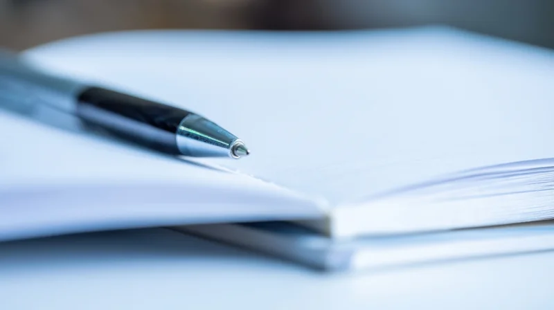 Pen resting on open notebook page on desk