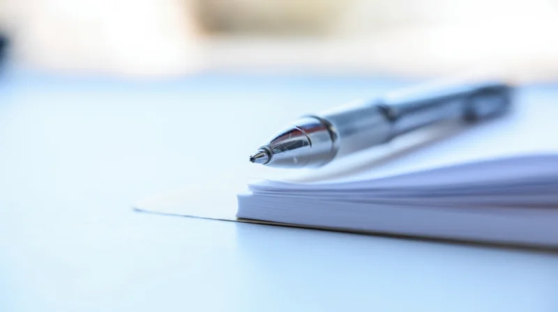 Silver pen resting on a stack of white notebook pages on a desk