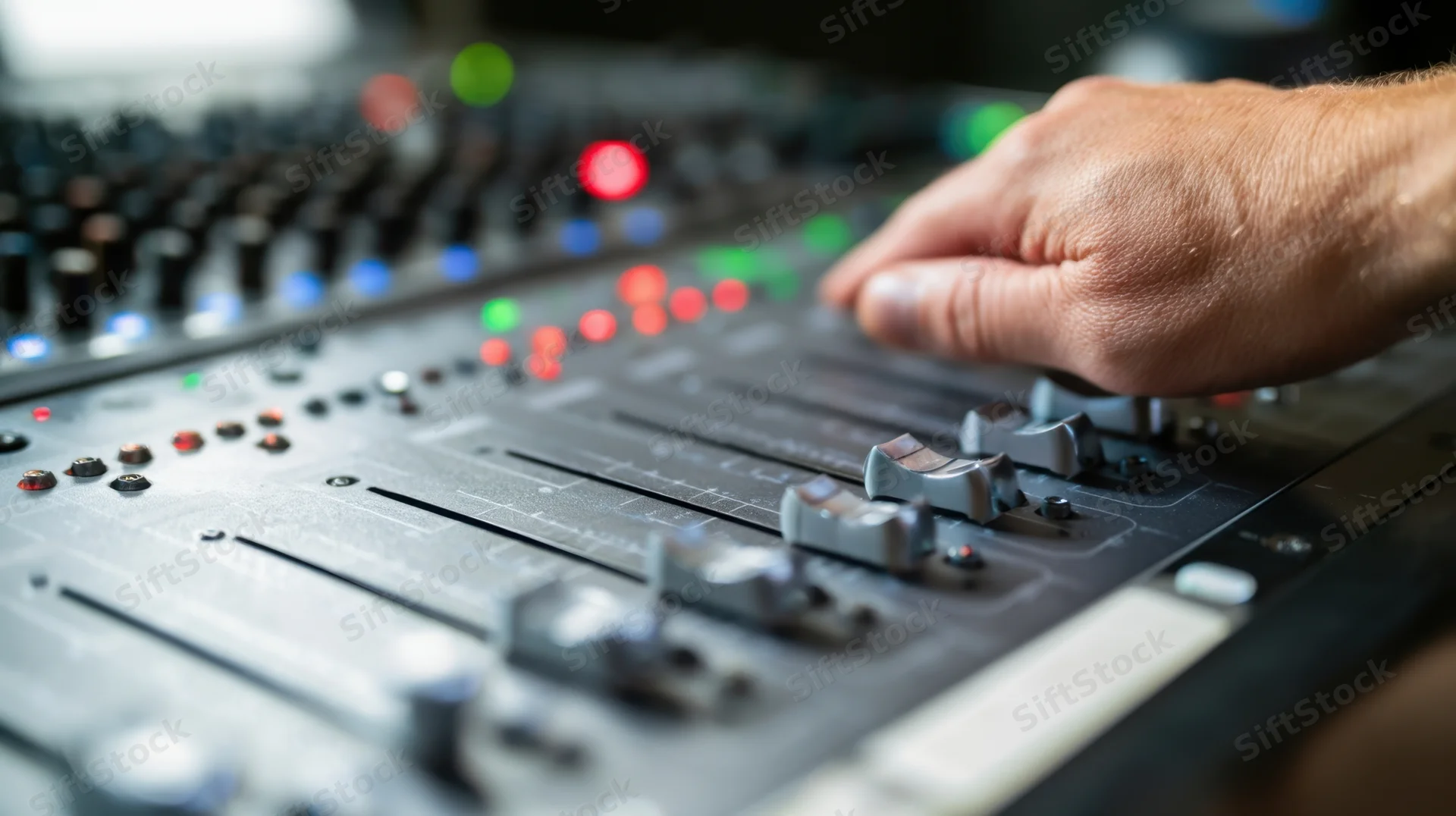 Hand adjusting faders on a mixing console in a recording studio