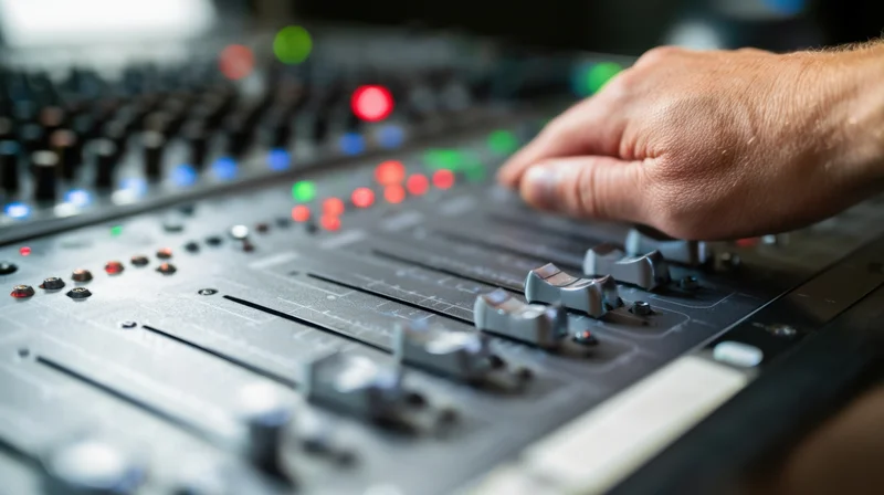 Hand adjusting faders on a mixing console in a recording studio