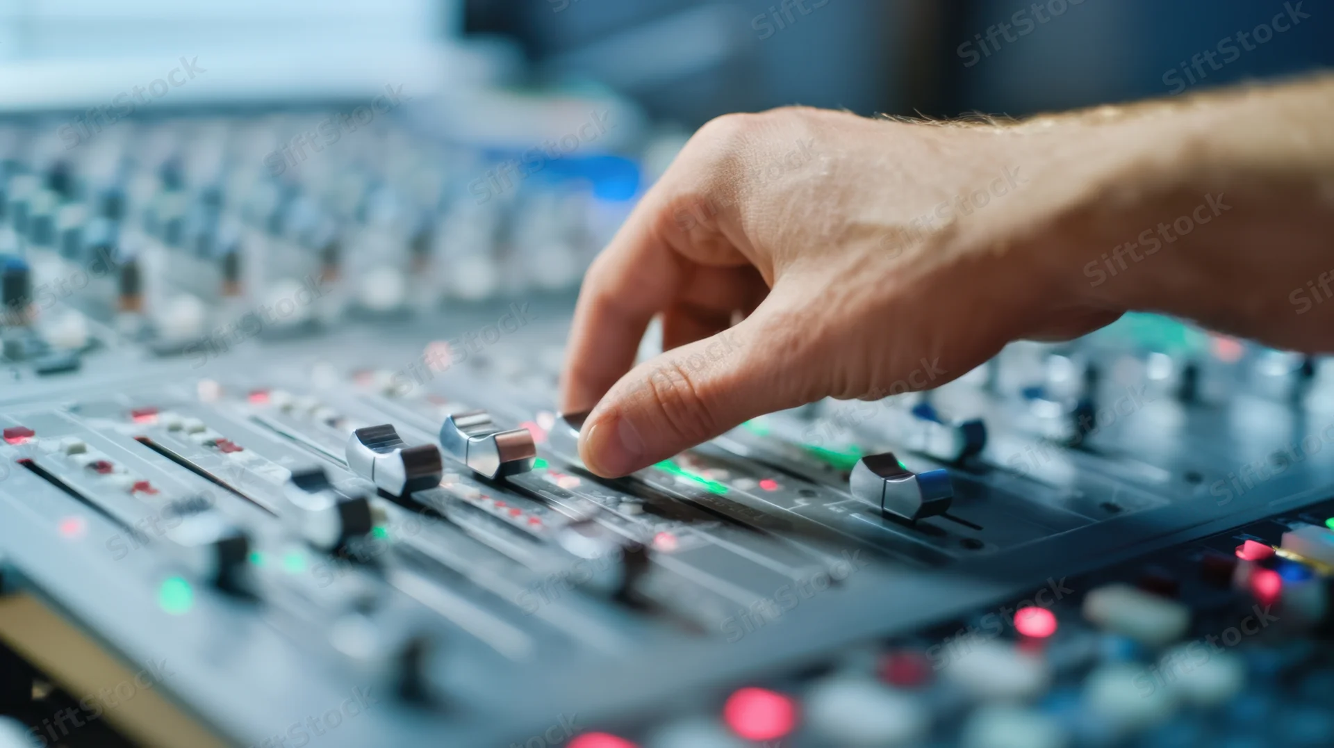 Hand adjusting fader on audio mixing console in studio